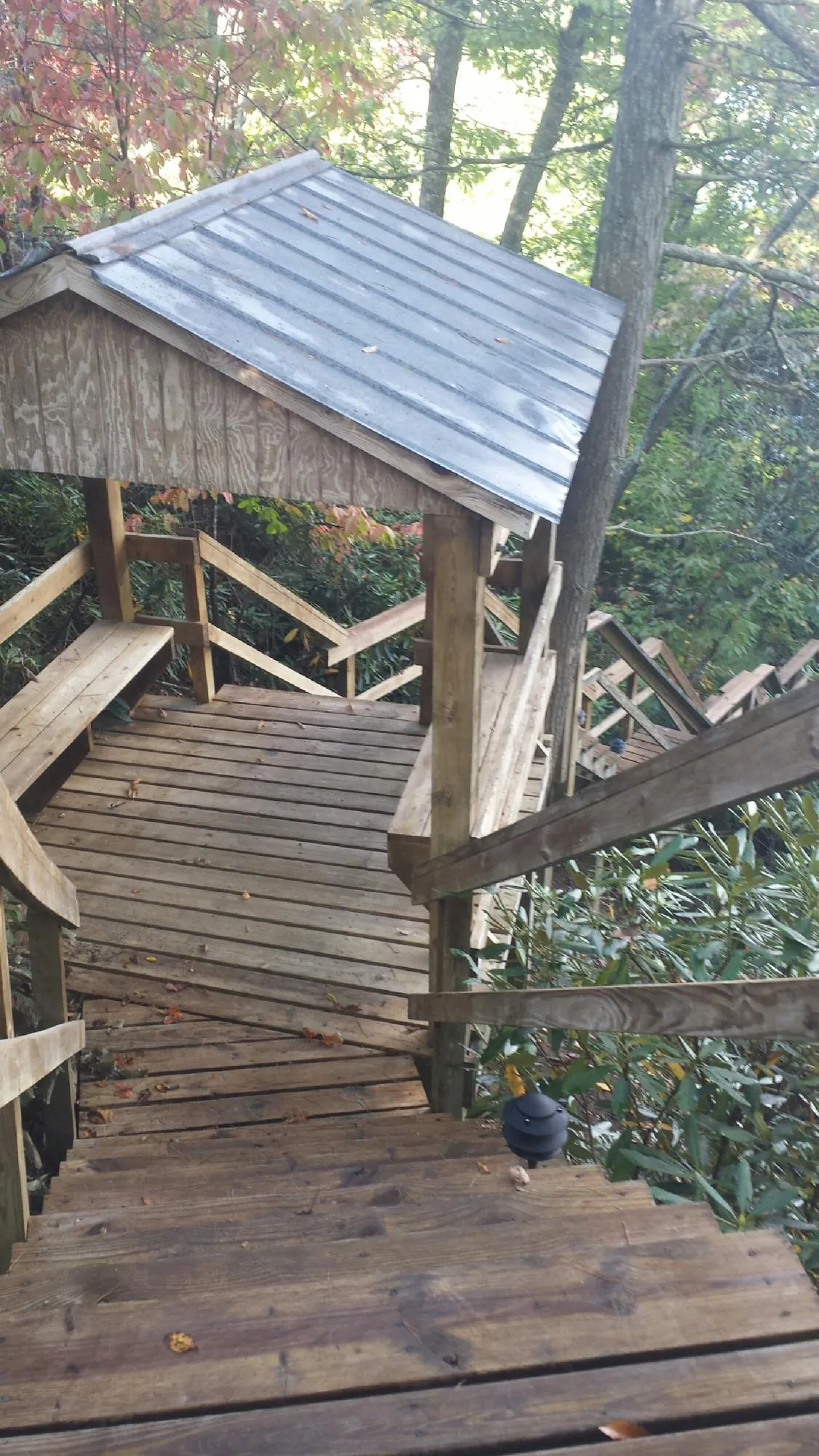 Metal roofed shelter over wooden steps on a wooded walkway — Skylight Repair & Installation work by our crew in Kenesaw